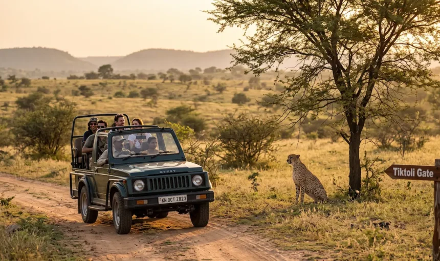 Open gypsy safari in Kuno National Park with cheetah in grassland near Tiktoli Gate
