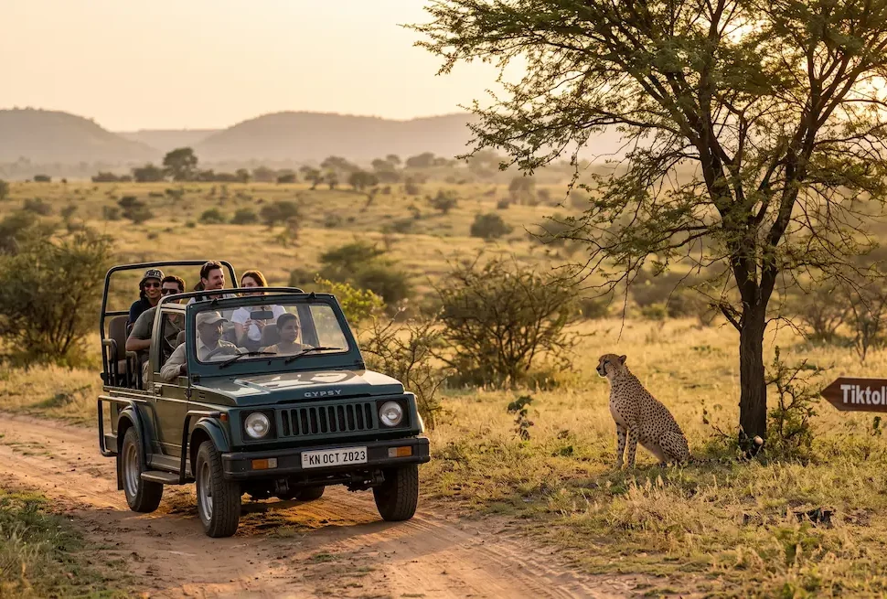 Open gypsy safari in Kuno National Park with cheetah in grassland near Tiktoli Gate